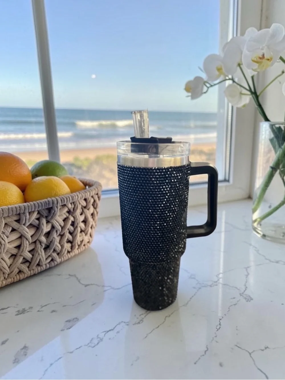 Black Rhinestone Bling Travel Tumbler Spill-Proof Lid Straw Handle 40 ounces NIB